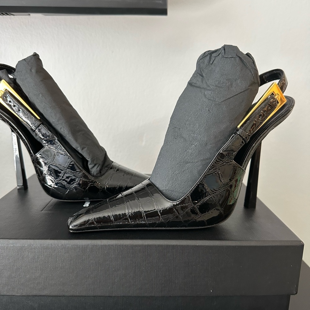 Yves Saint Laurent Black and Gold Slingback Heels SOLD OUT